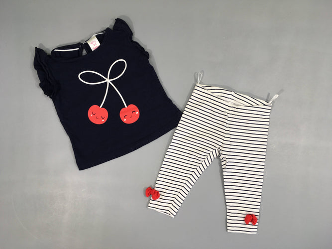 T-shirt m.c bleu foncé cerises + legging rayé, moins cher chez Petit Kiwi