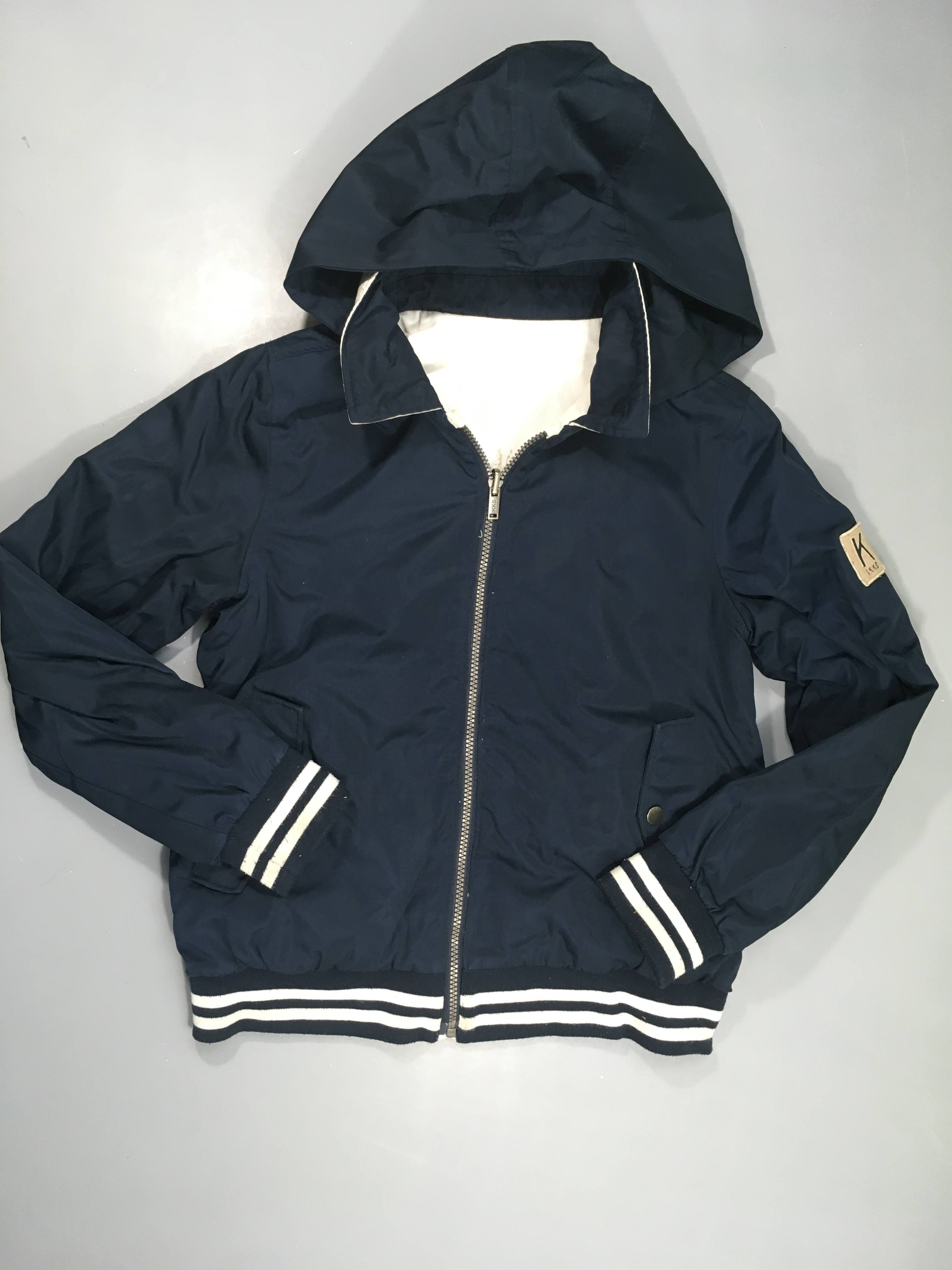 Veste réversible bleu marine/jersey écru à capuche, liseret bouloché