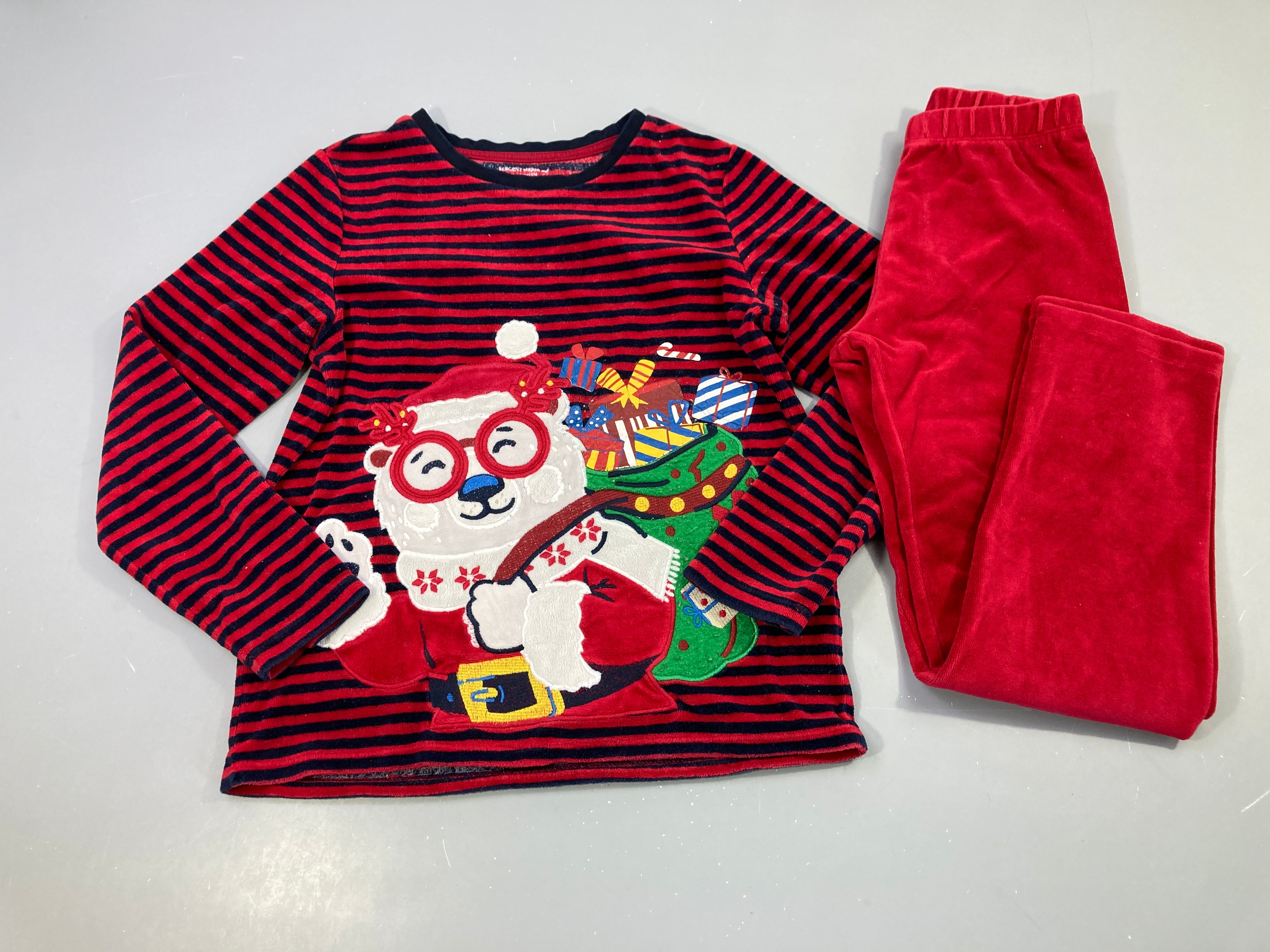 Pyjama 2pcs velours de Noël rouge rayé bleu foncé