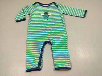 Pyjama jersey rayé vert, bleu, gris , insecte 95% coton 5% élastanne