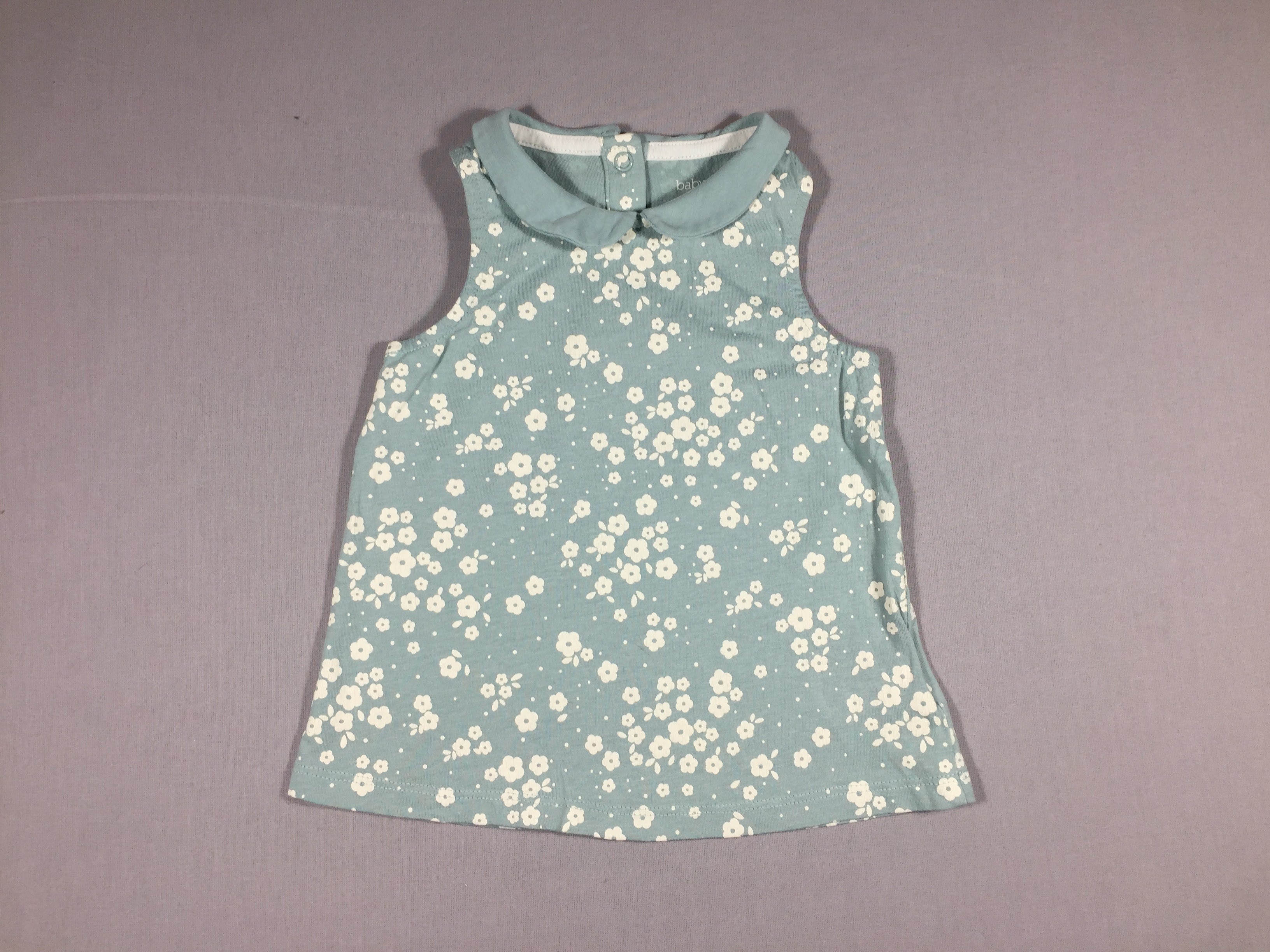 T-shirt s.m bleu clair - fleurs blanches - col claudine