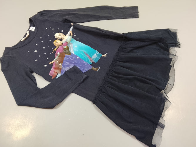 Robe m.l jersey bleu marine flocage Elsa et Anna Reine des neiges, dessous tulle, moins cher chez Petit Kiwi