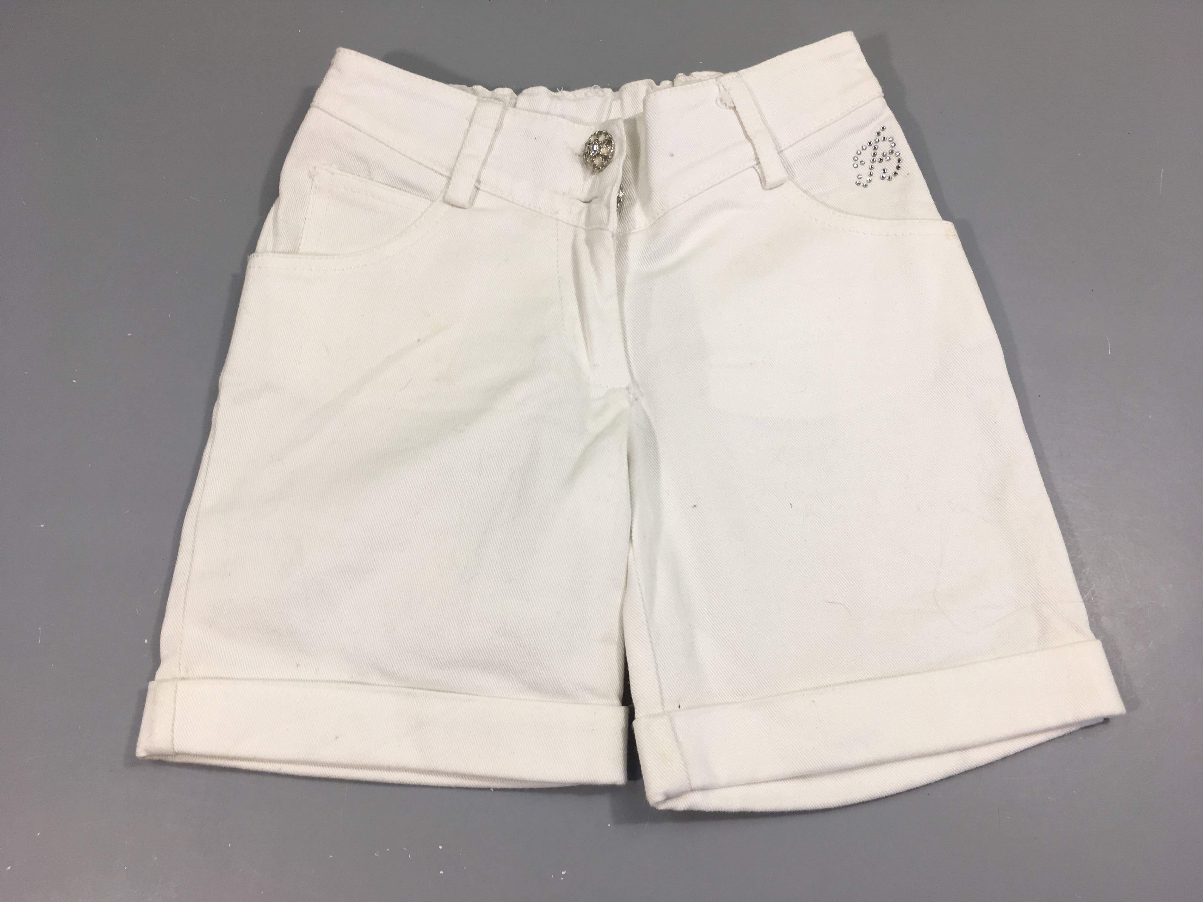 Short jean blanc avec revers, broderie fleur arrière, BLUMARINE