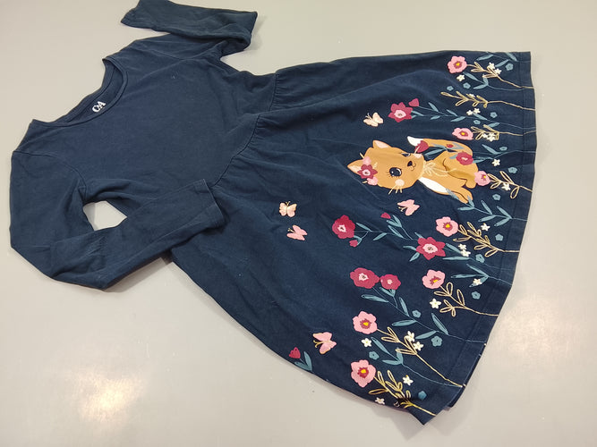 Robe m.l jersey bleu marine chaton dans les fleurs, moins cher chez Petit Kiwi