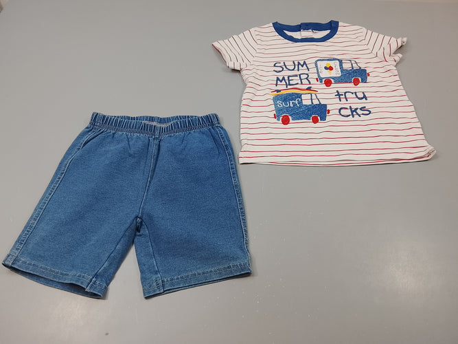 Ensemble  T-shirt m.c blanc rayé rouge camions de glaces  "summer,,,,"+bermuda denim, moins cher chez Petit Kiwi