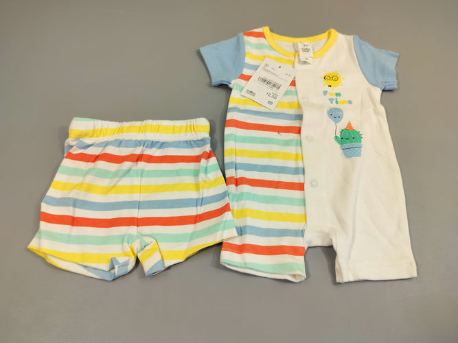 NEUF mais taché Combishort + short blanc rayé multicolore cactus, moins cher chez Petit Kiwi