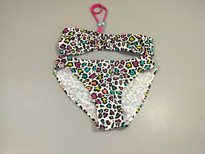 Bikini blanc  motifs colorés, à noué au cou par cordon rose avec perles, moins cher chez Petit Kiwi