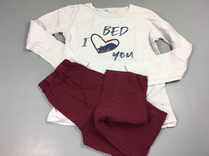 Pyjama jersey haut blanc bed I love you, bas bordeaux, moins cher chez Petit Kiwi