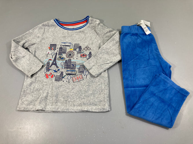 Pyjama 2pcs velours gris clair/bleu ville, moins cher chez Petit Kiwi