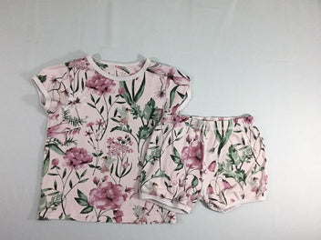 Pyjashort 2pcs jersey rose fleurs, petite tache à l'avant
