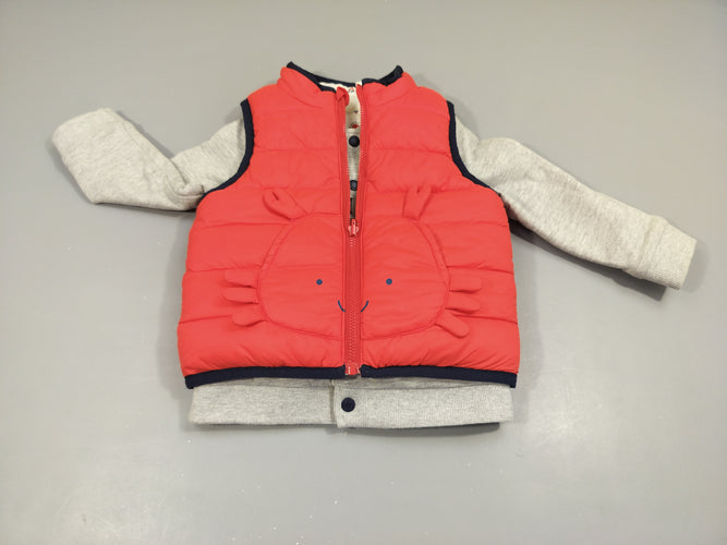 Veste 2 en 1 réversible. Veste matelassée  réversible rouge lapin/ blanc motifs de la mer+ gilet gris flammé/blanc motifs de la mer, moins cher chez Petit Kiwi