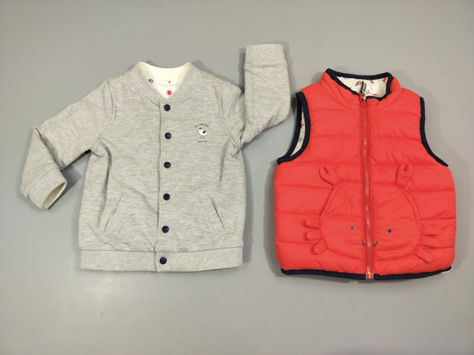 Veste 2 en 1 réversible. Veste matelassée  réversible rouge lapin/ blanc motifs de la mer+ gilet gris flammé/blanc motifs de la mer, moins cher chez Petit Kiwi