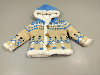 Gilet à capuche beige à motifs bleus, bleu marine, blancs , intérieur peluche