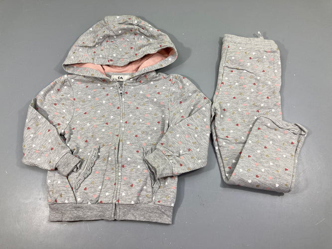 Sweat zippé à capuche gris coeurs + Pantalon training, tache décoloration verte à l'avant, moins cher chez Petit Kiwi