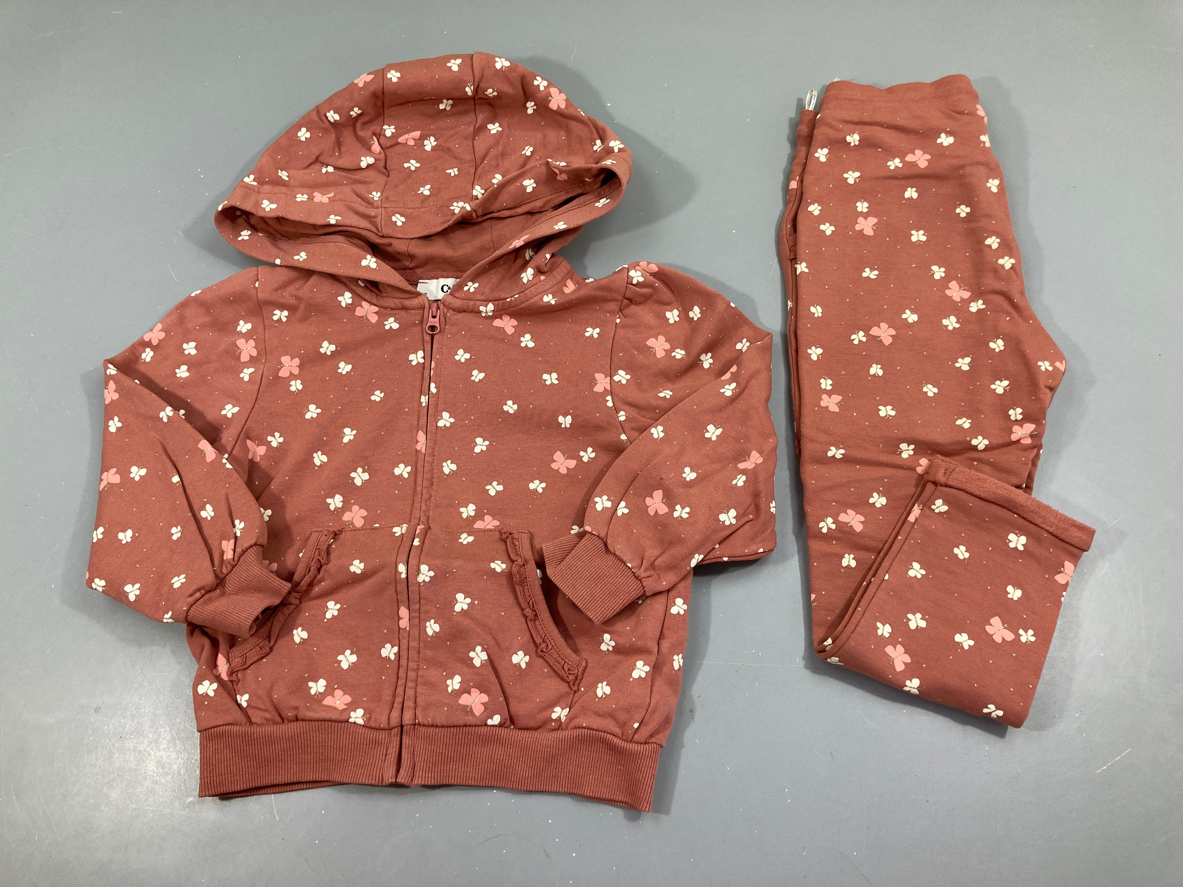 Sweat zippé à capuche rose papillon + Pantalon training