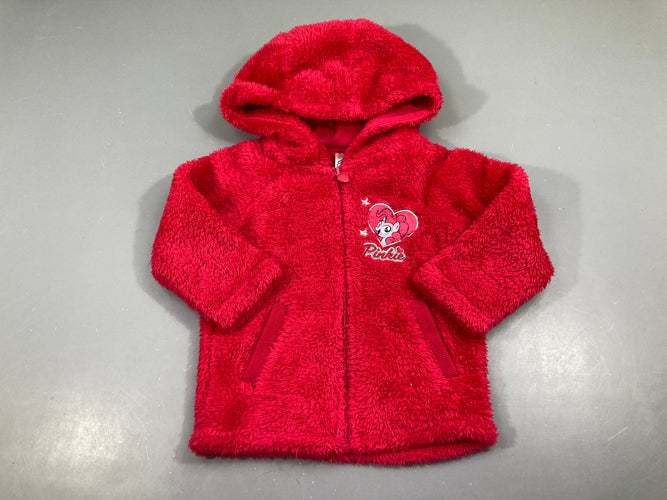 Gilet zippé velours rose vif poney à capuche, moins cher chez Petit Kiwi