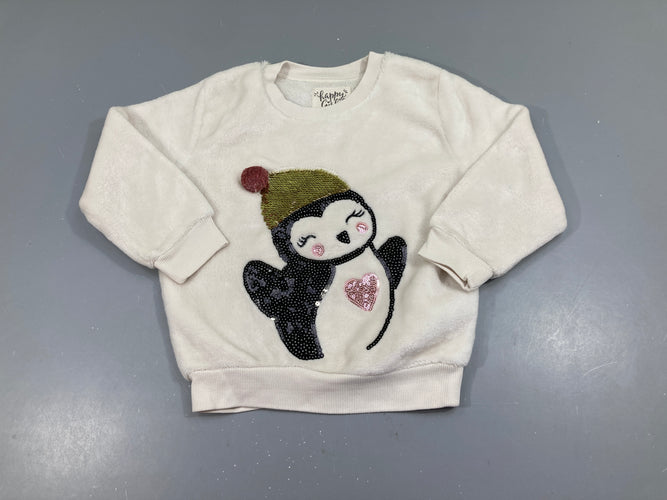 Pull velours blanc pingouin sequins, moins cher chez Petit Kiwi