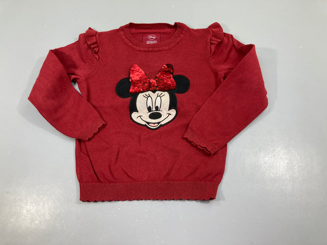 Pull bordeaux Minnie sequins, petit accroc sur le col, moins cher chez Petit Kiwi