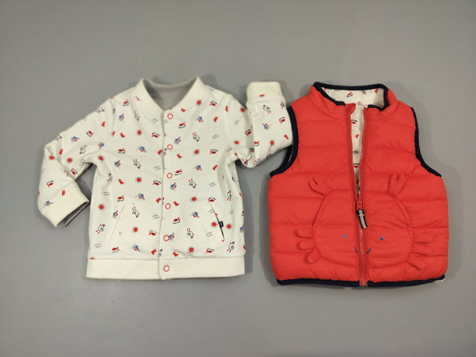 Veste 2 en 1 réversible. Veste matelassée  réversible rouge lapin/ blanc motifs de la mer+ gilet gris flammé/blanc motifs de la mer, moins cher chez Petit Kiwi