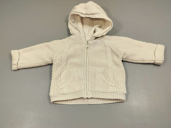 Gilet zippé à capuche style tricot  beige clair. 60% coton 40% ac.r.ylique
