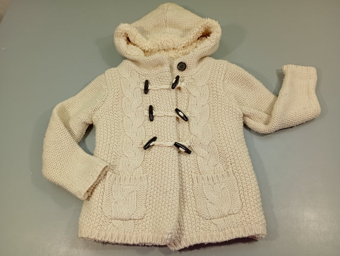 Gilet à capuche en tricot beige , intérieur peluche. Légèrement bouloché, quelques  petites taches, moins cher chez Petit Kiwi