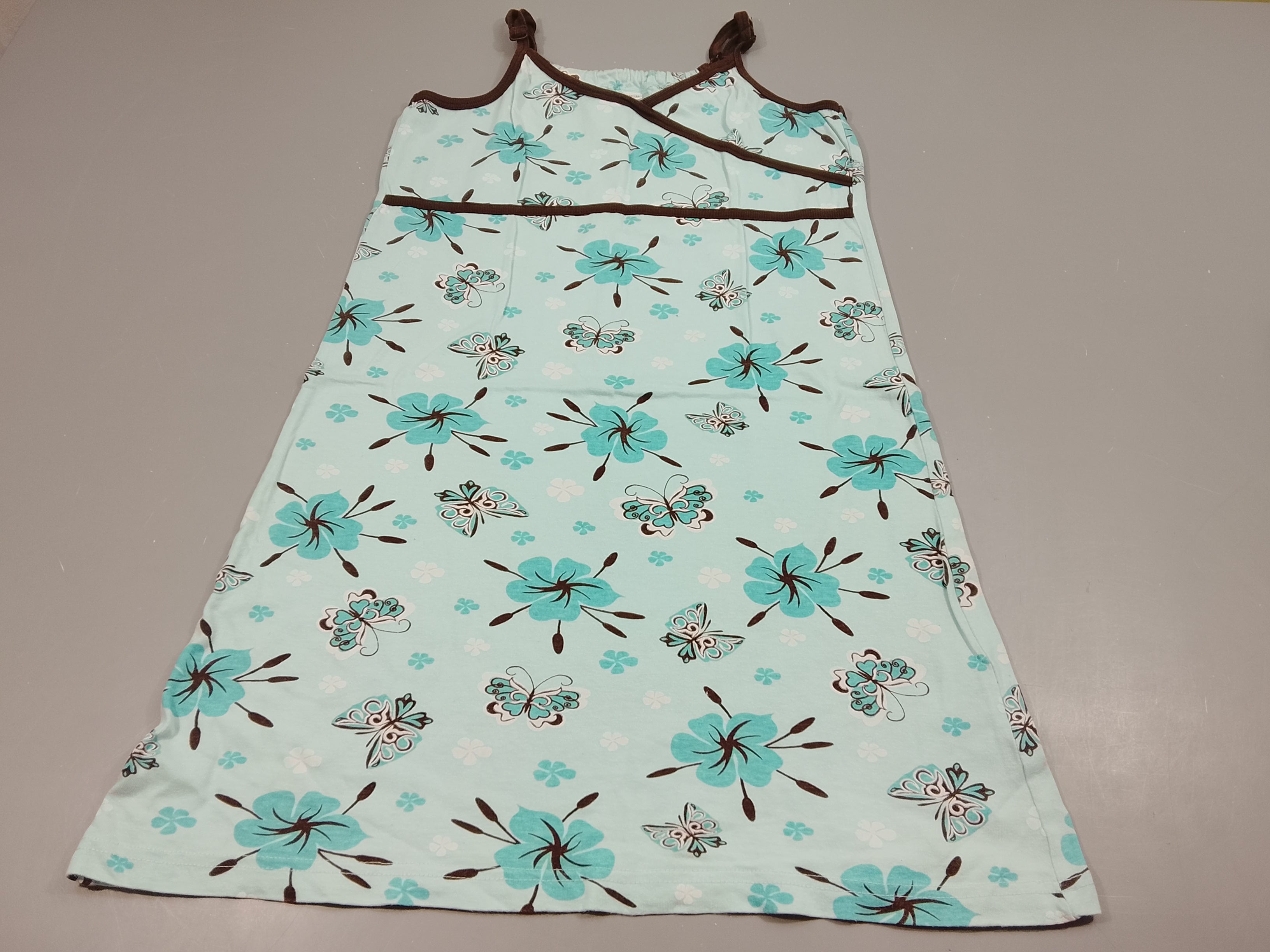Robe à bretelles turquoise , brun motifs papillons, fleurs