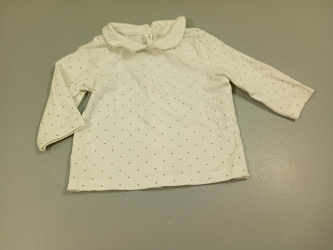 T-shirt m.l blanc à pois argenté, petit col. Fermeture par pressions à l'arrière, moins cher chez Petit Kiwi