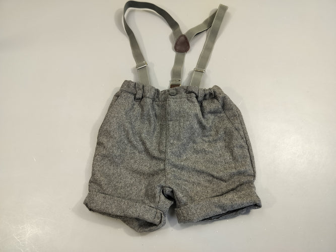 Short chino à revers gris chiné 50% laine  50% polyester + bretelles, moins cher chez Petit Kiwi