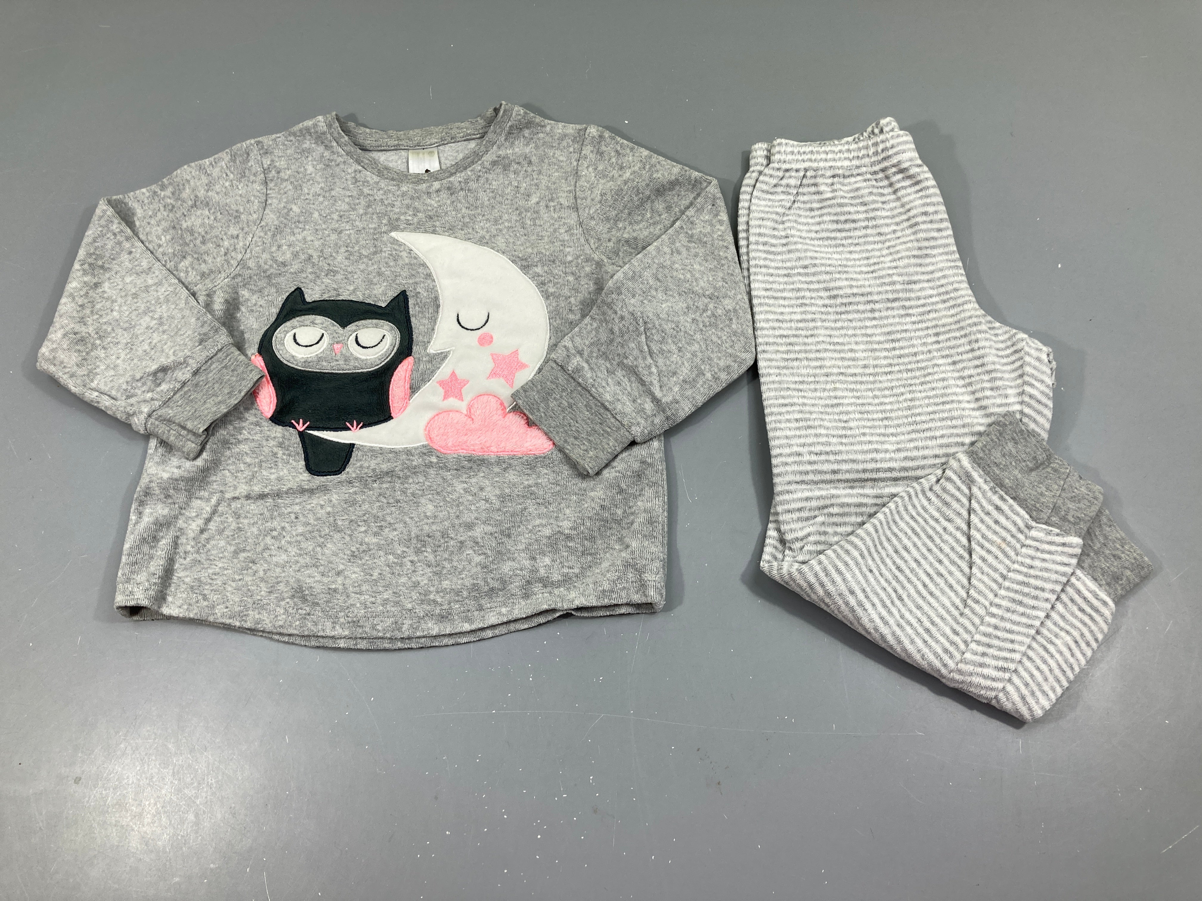 Pyjama 2pcs velours gris chiné hibou/lune, taché bas Pantalon