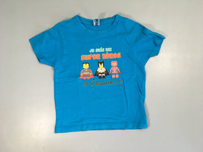 T-shirt m.c bleu super héros, légèrement bouloché, moins cher chez Petit Kiwi