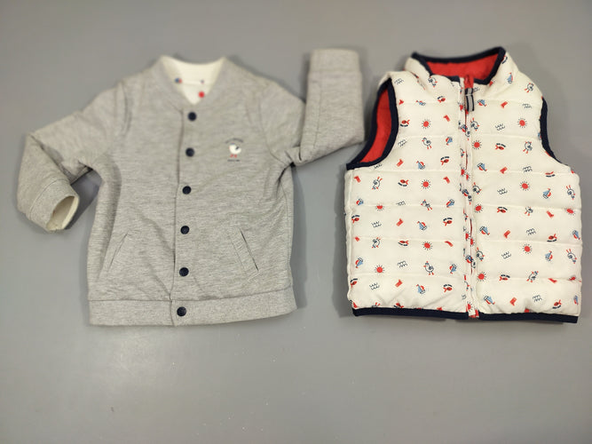 Veste 2 en 1 réversible. Veste matelassée  réversible rouge lapin/ blanc motifs de la mer+ gilet gris flammé/blanc motifs de la mer, moins cher chez Petit Kiwi