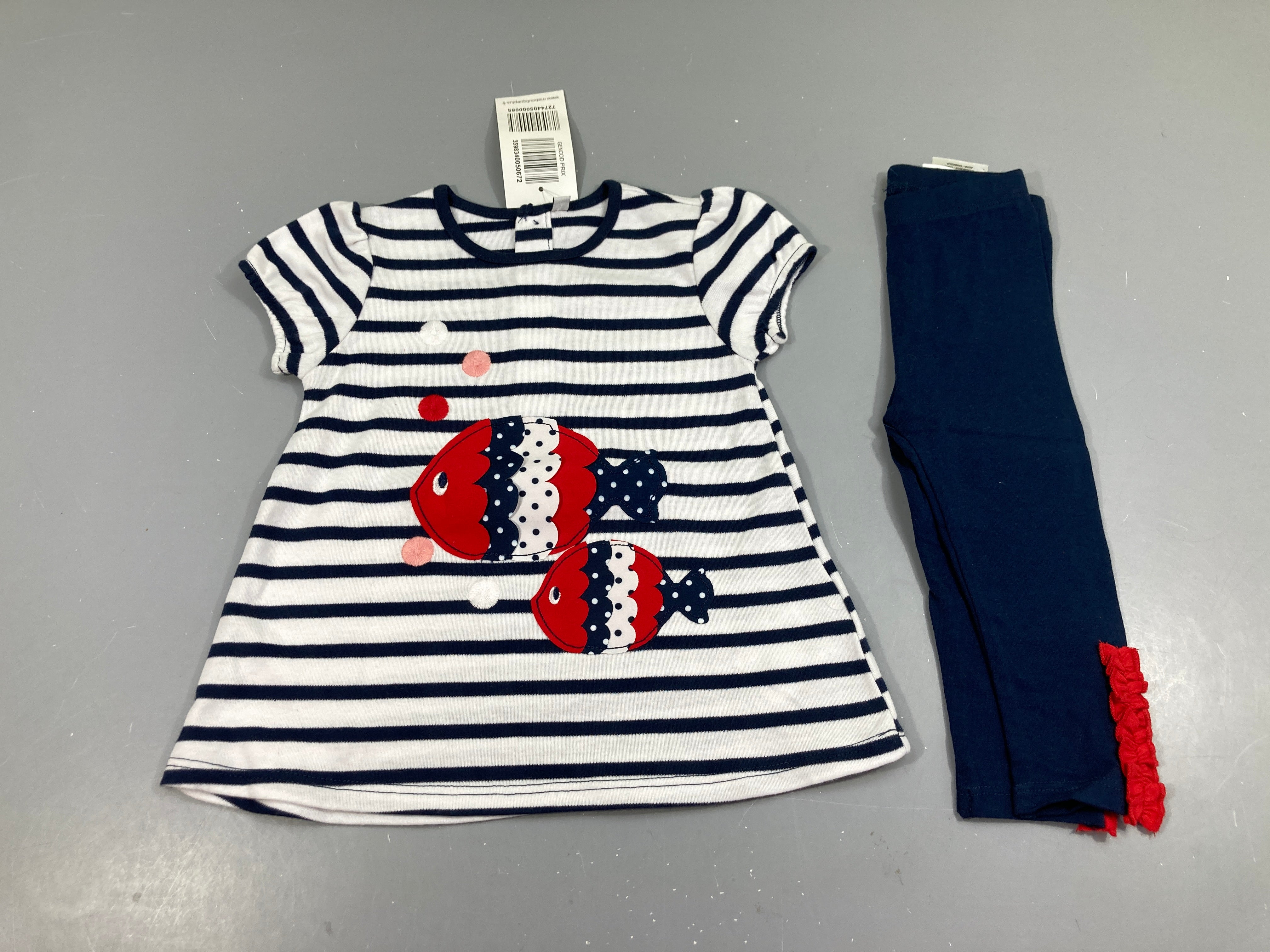 NEUF robe m.c jersey blanc rayé bleu poisson + legging bleu foncé