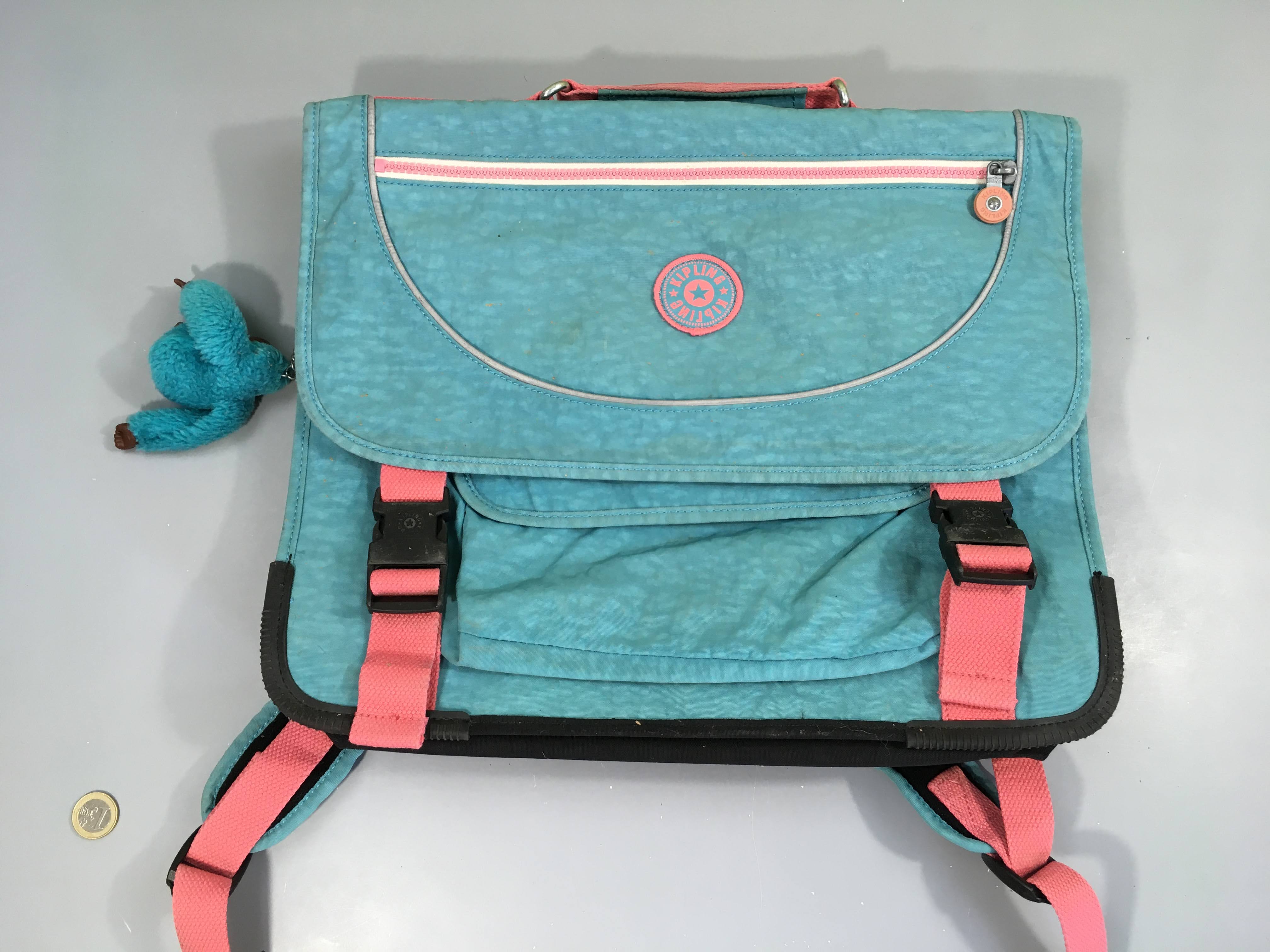 Cartable turquoise/rose, singe Olly, Kipling, extérieur à nettoyer