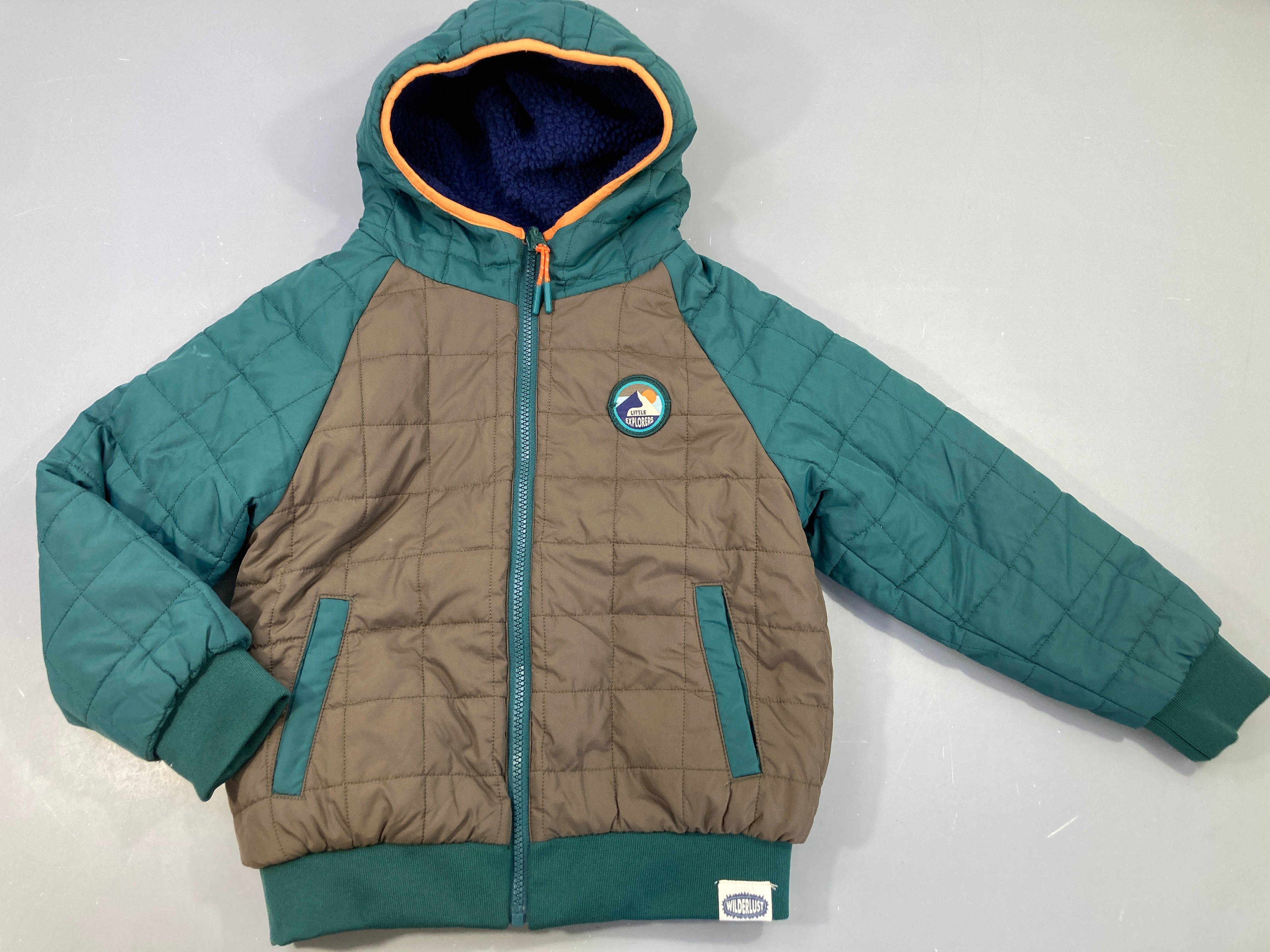 Veste réversible ouatinée vert/bleu à capuche moutonnée, Veritas