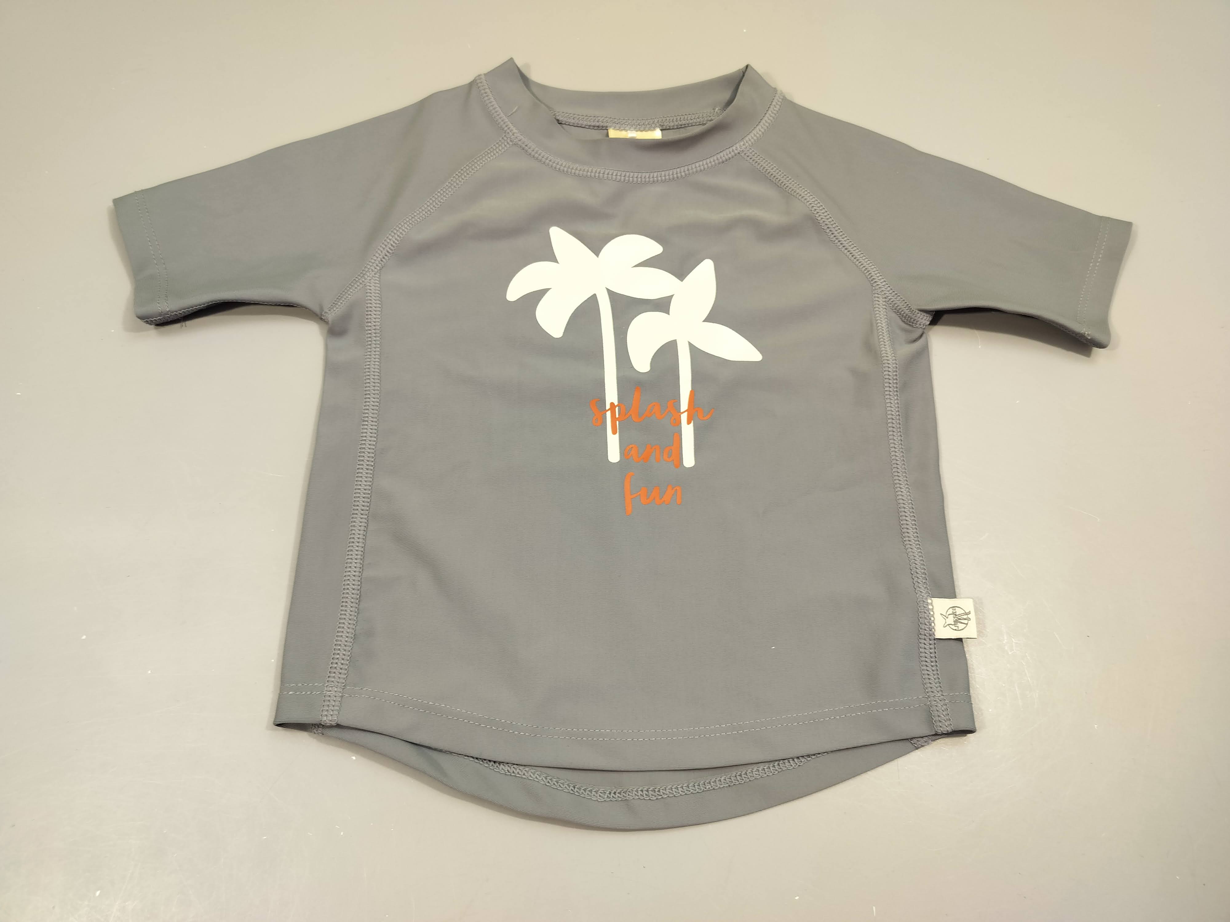 T-shirt m.c anti-uv gris, 2 palmiers 82% polyester 18%  élasthanne 7-12m