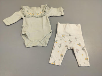 Ensemble Body m.l vert clair broderies fleurs + Pantalon blanc motis fleurs