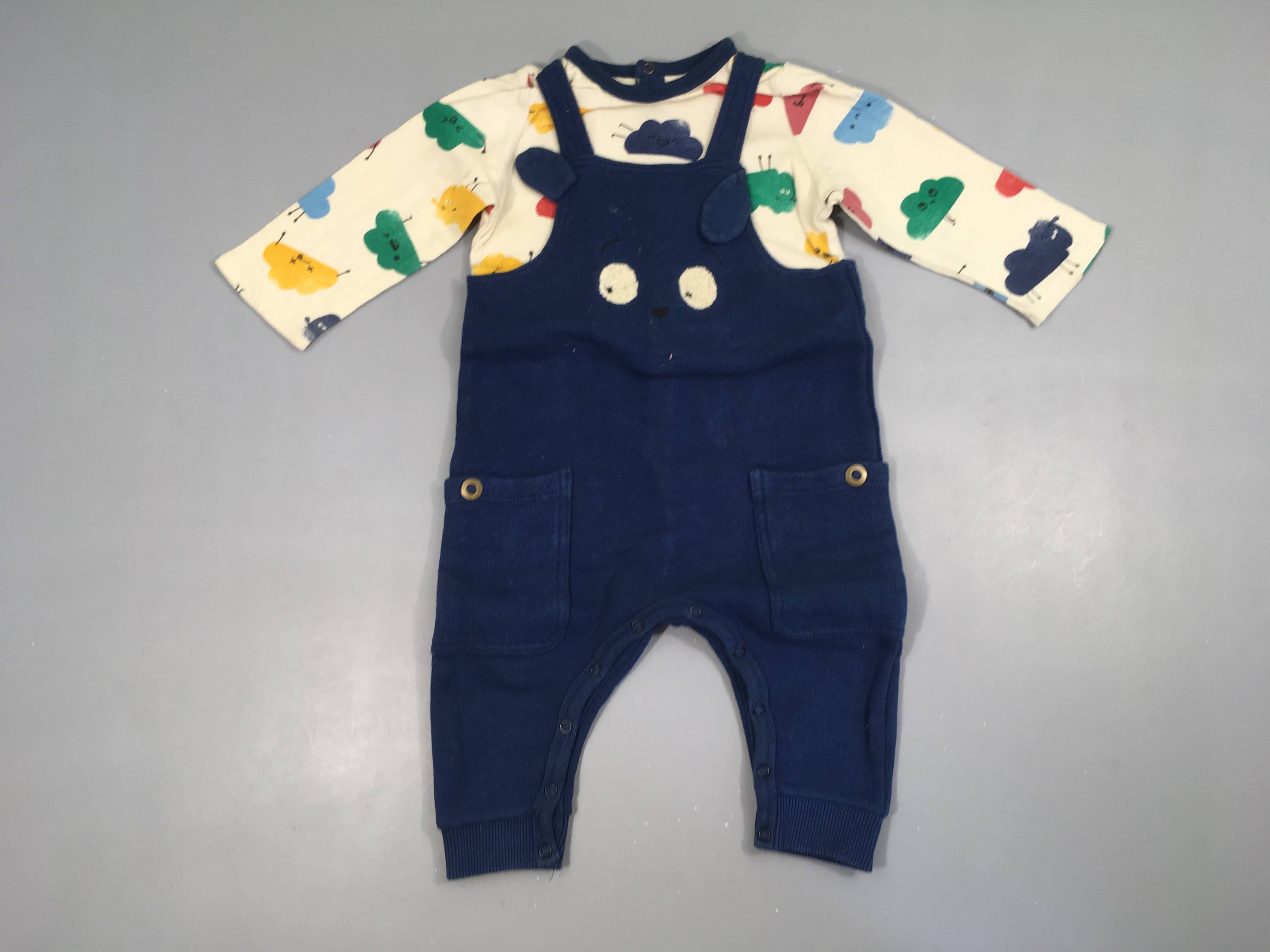 Salopette molleton bleu + T-shirt m.l beige nuages colorés