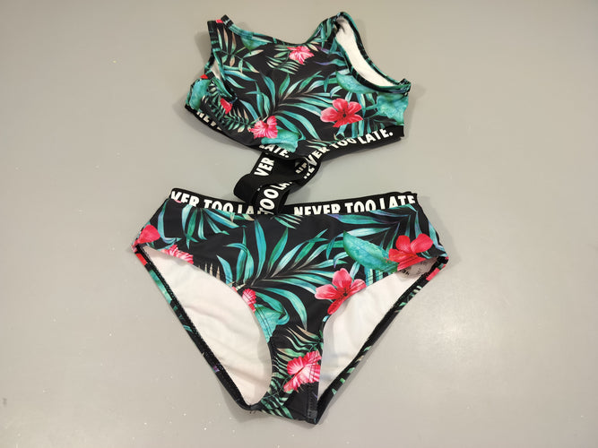 Maillot 2 pièces noir  motifs feuillage vert et fleurs roses, moins cher chez Petit Kiwi