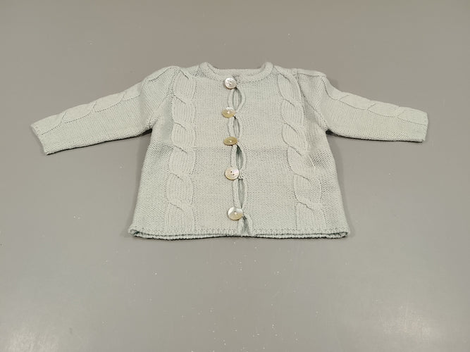 Gilet Dadati  en mailles bleu clair, torsades, grands boutons blanc na.cré 10% laine, moins cher chez Petit Kiwi
