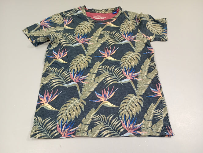 T-shirt m.c bleu marine flammé, motifs feuillage, moins cher chez Petit Kiwi