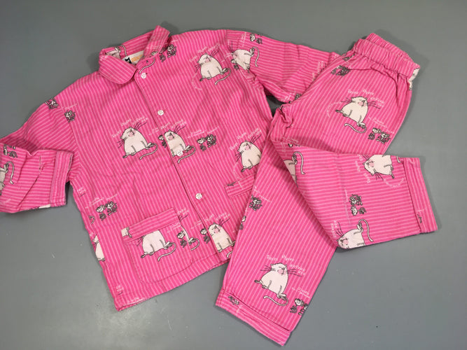 Pyjama 2 pcs flanelle rose ligné chats, bouloché, moins cher chez Petit Kiwi