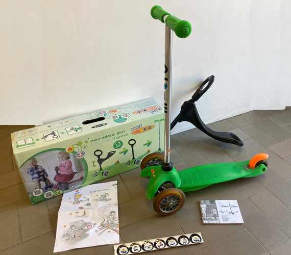 Trottinette évolutive Mini Micro 3 en 1 de 1 à 5a Dès 12 mois : Mode Porteur-18 mois : Mode Porteur sans siège- 2 à 5 ans : Mode Trottinette, moins cher chez Petit Kiwi