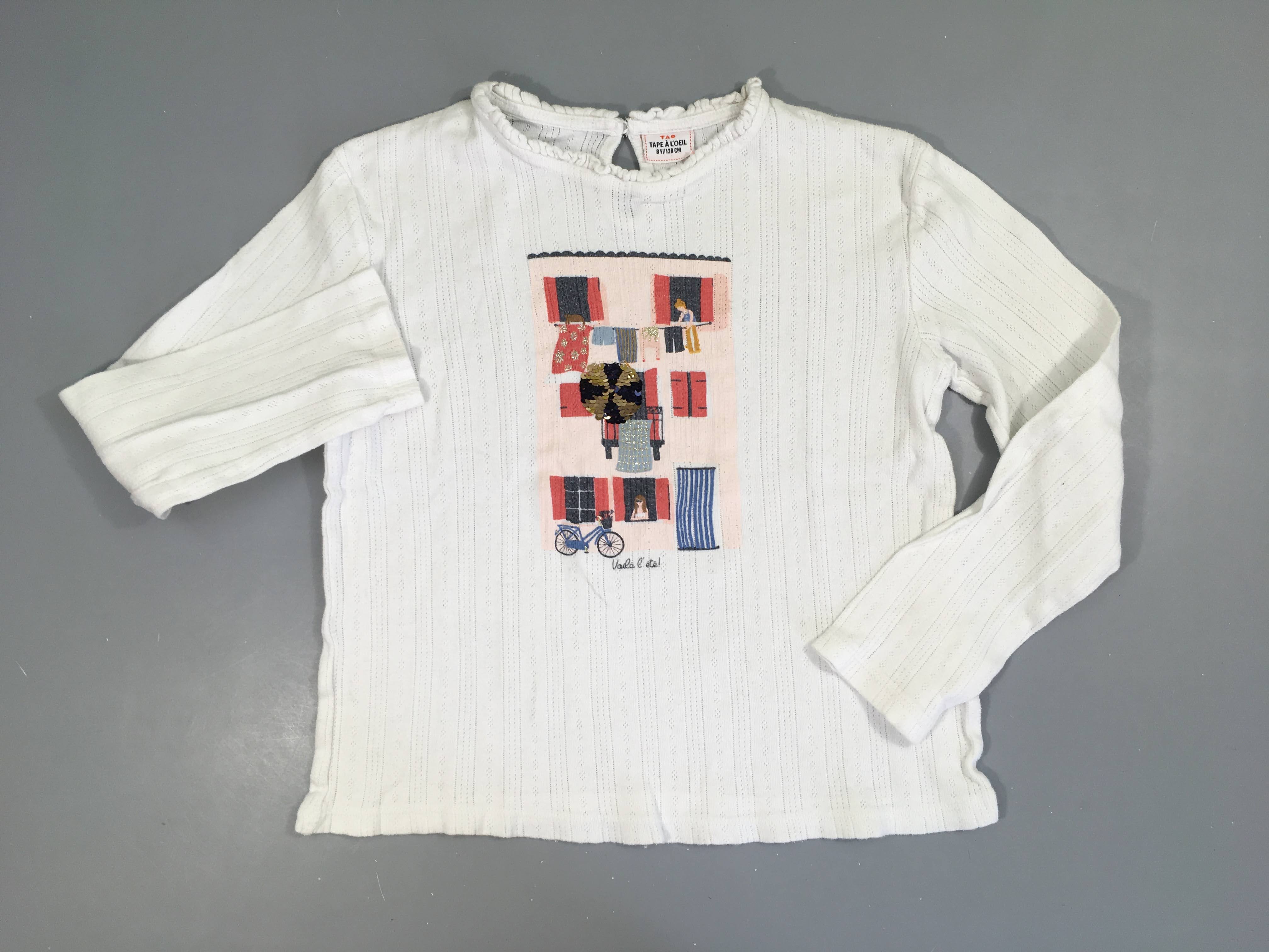 T-shirt m.l blanc ajouré maison rond sequins