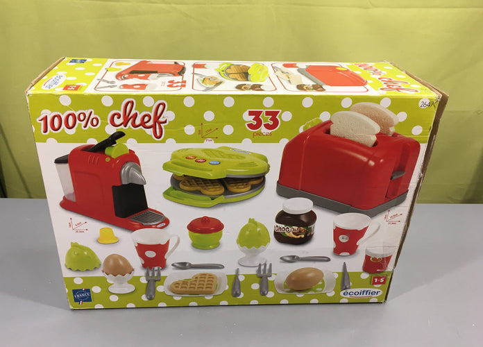 Ustensiles de cuisine palstique écoiffier, boite abimée, manque le pot de confiture, étiquette du choco arrachée, moins cher chez Petit Kiwi