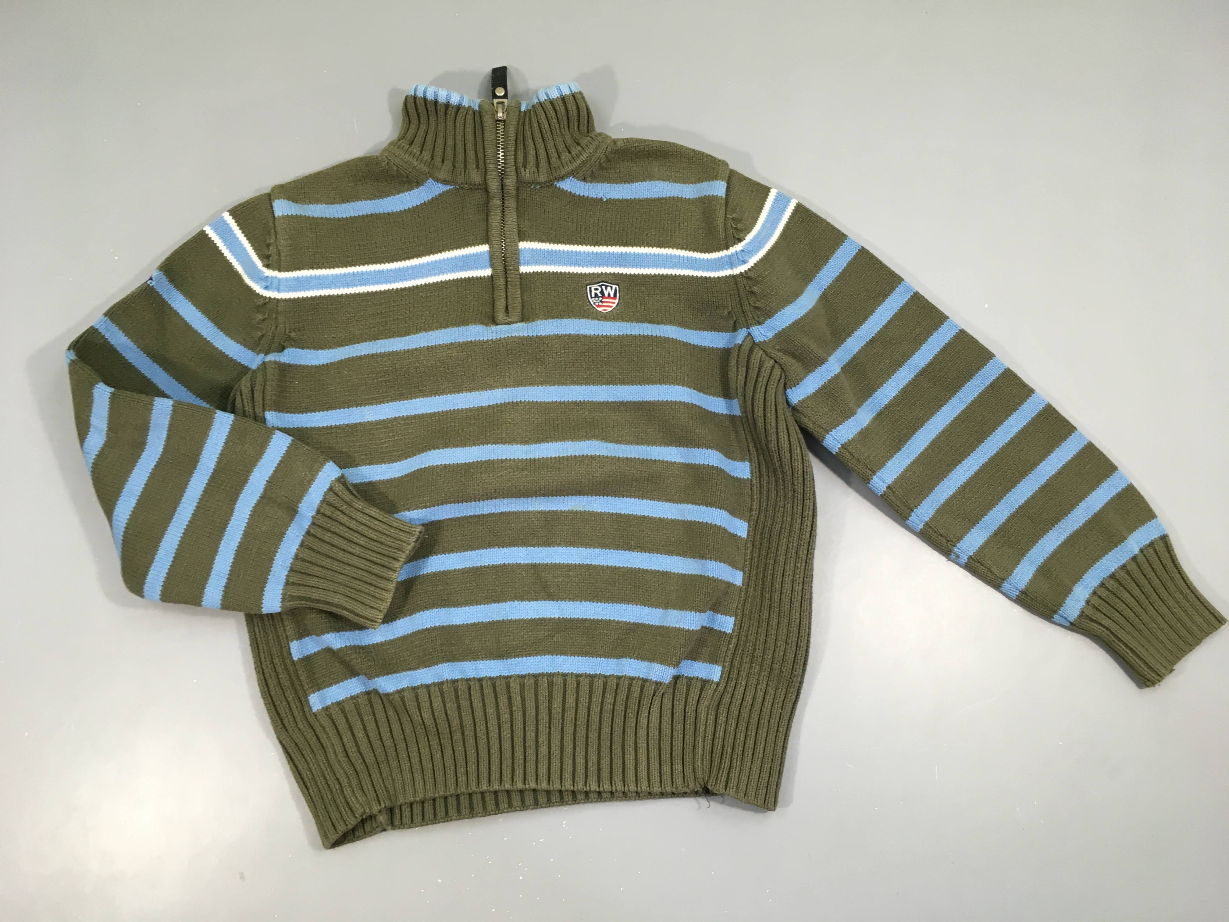 Pull kaki rayé bleu col camionneur écusson