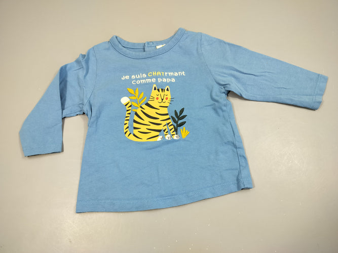 T-shirt m.l bleu , chat jaune "je suis charmant comme papa"  100% coton, moins cher chez Petit Kiwi