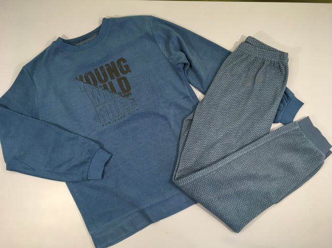 Pyjama velours bleu Young wild-Taché haut pantalon coté G, moins cher chez Petit Kiwi
