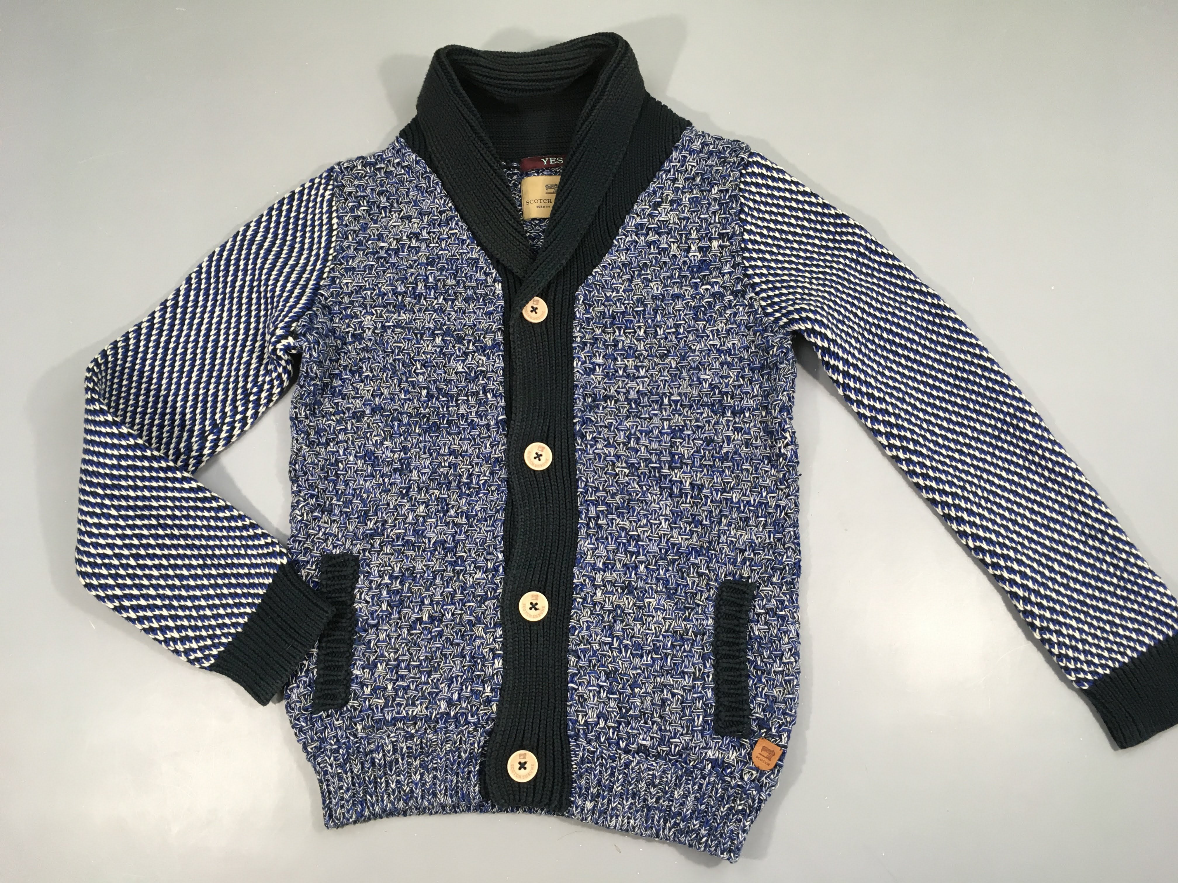 Gilet col châle bleu chiné blanc Scotcol Vh Shrunk