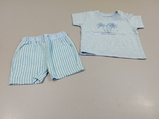 Ensemble T-shirt m.c bleu chiné palmiers + Short rayé bleu, moins cher chez Petit Kiwi