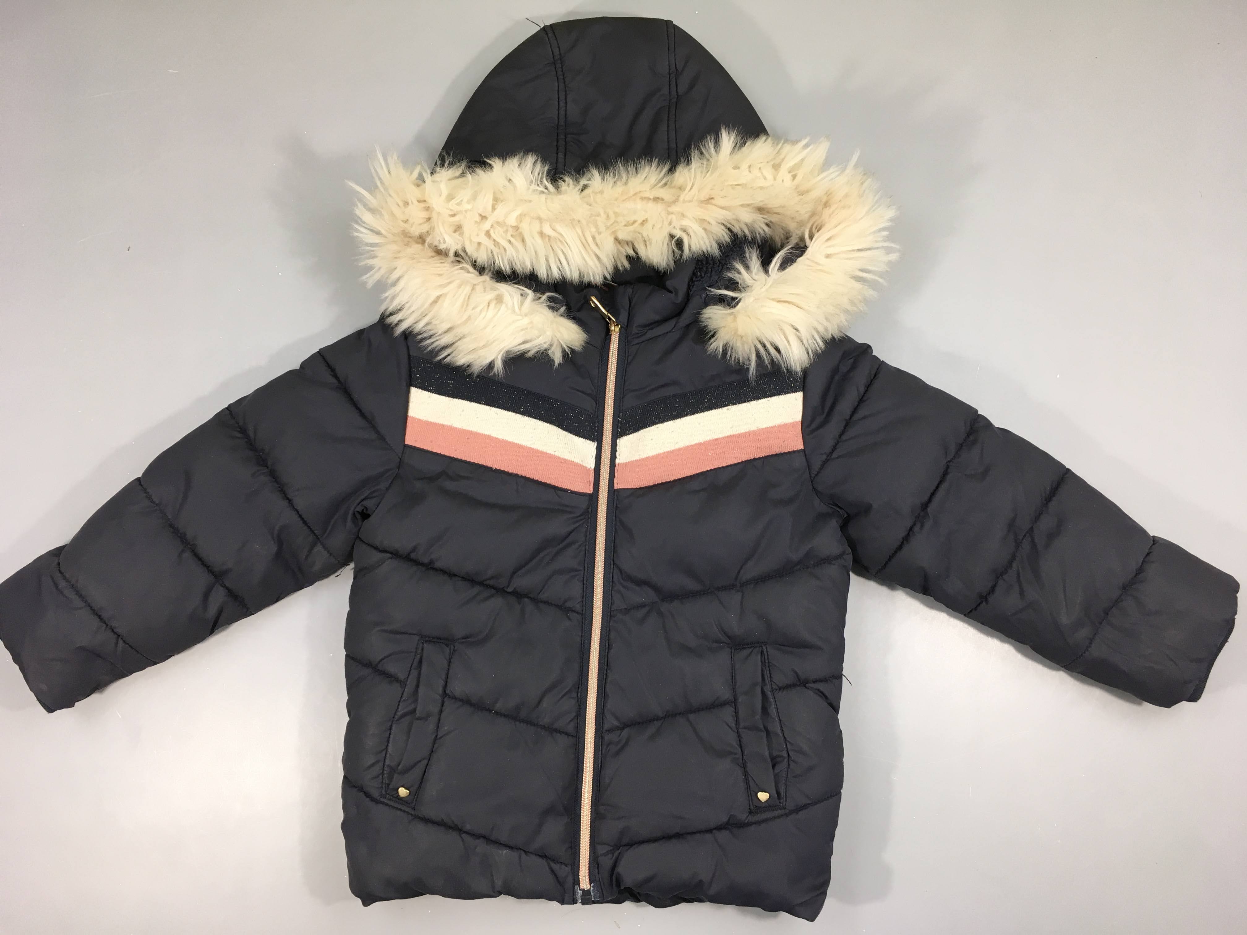 Doudoune à capuche fausses fourrure bleu foncé bandes écru-rose-bleu irisé